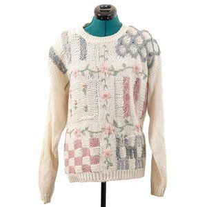 Vintage 80s Sweater Knit Cream Pink Grey Embroidered Floral Cable Checkered Crew